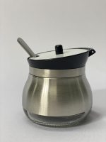 Açucareiro de Inox e Vidro Tampa preta com Colher