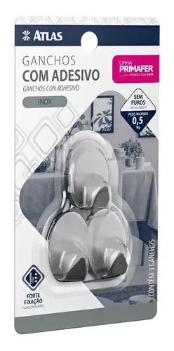 Gancho Com Adesivo Em Inox Com 3 Pçs Atlas