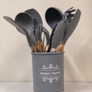 Kit 12 Pçs Utensílios De Cozinha Em Silicone Cinza Cabo Madeira