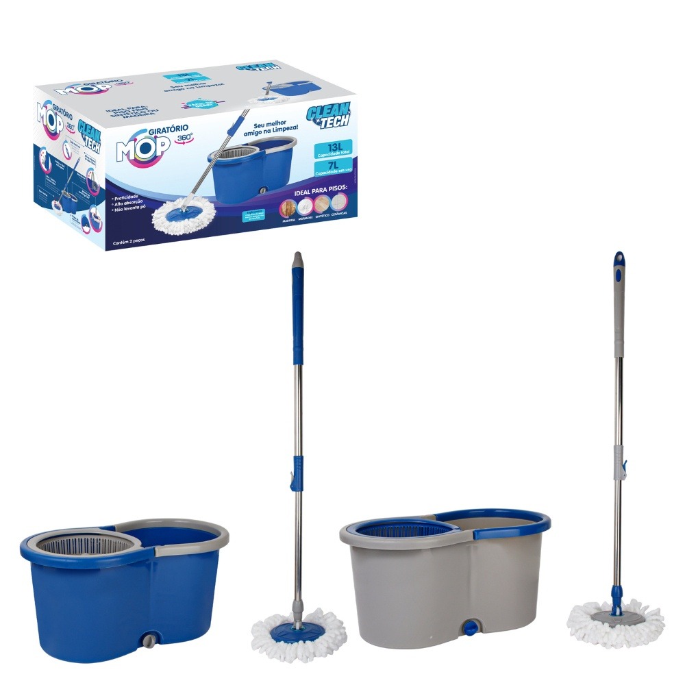 Mop Giratório 360° 13L Com Rodas e Dreno AZUL - Clean Tech