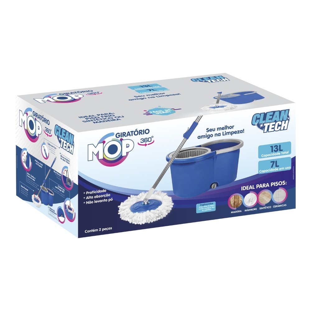 Mop Giratório 360° 13L Com Rodas e Dreno AZUL - Clean Tech - Imagem 3