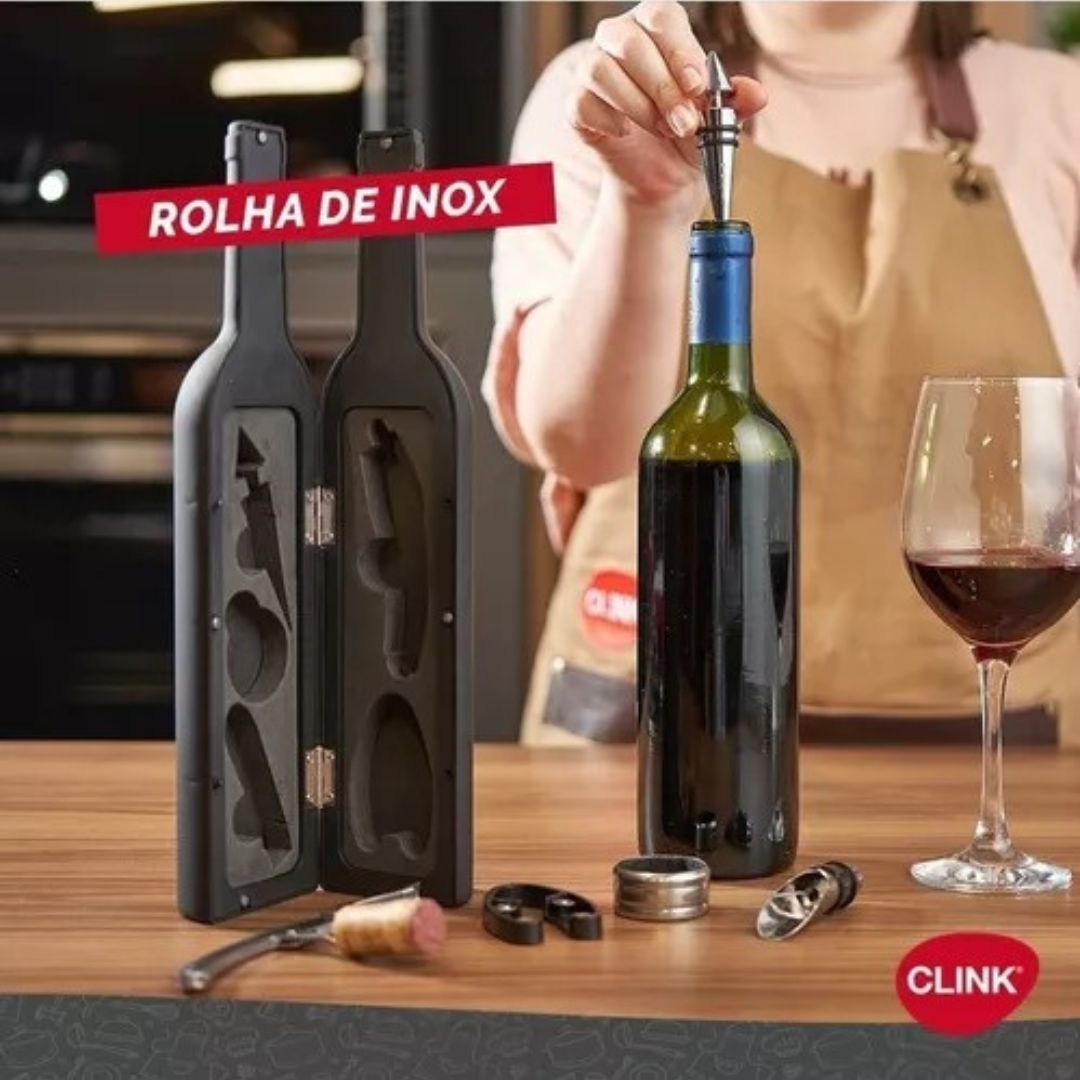 Kit Vinho 5 Peças Abridor Saca Rolha Inox Forma Garrafa - Imagem 4
