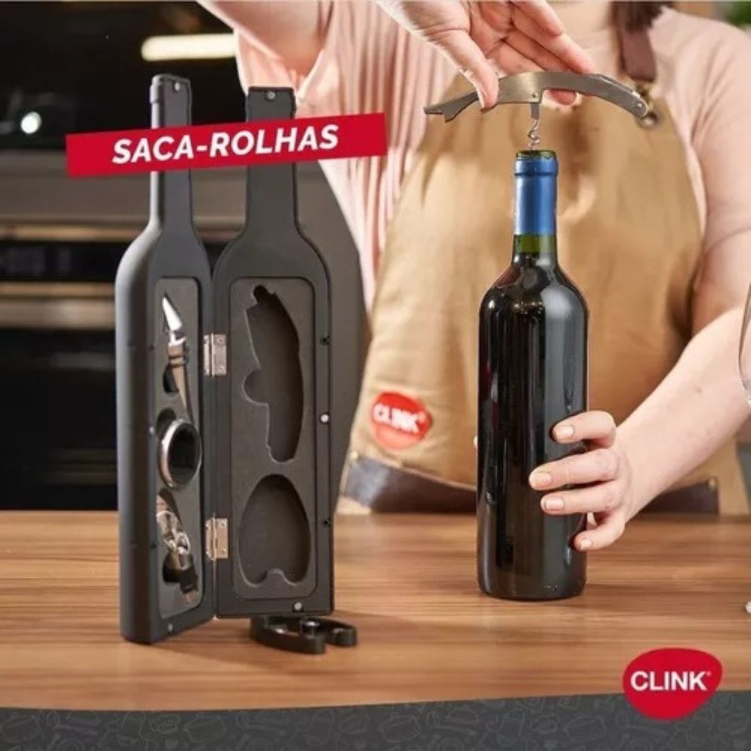 Kit Vinho 5 Peças Abridor Saca Rolha Inox Forma Garrafa - Imagem 6