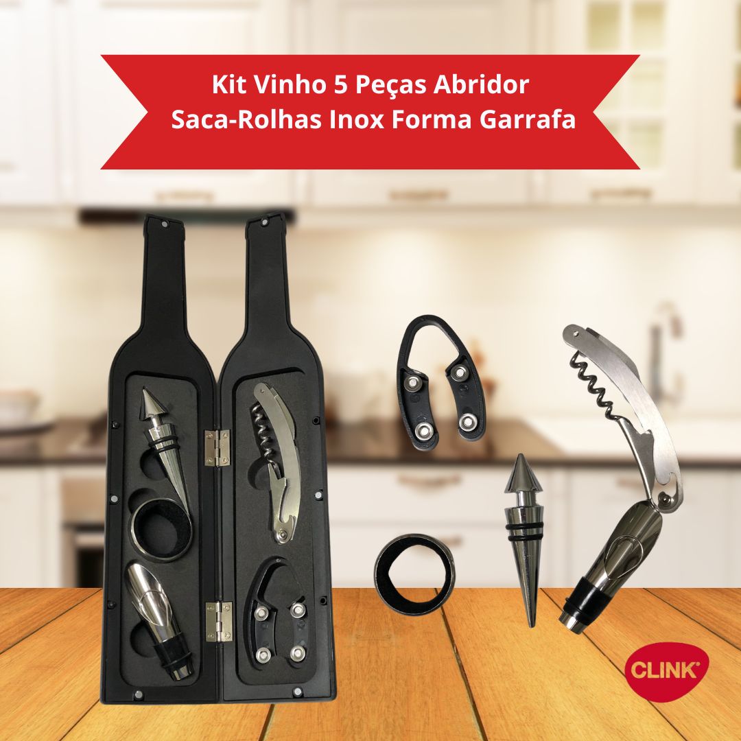 Kit Vinho 5 Peças Abridor Saca Rolha Inox Forma Garrafa